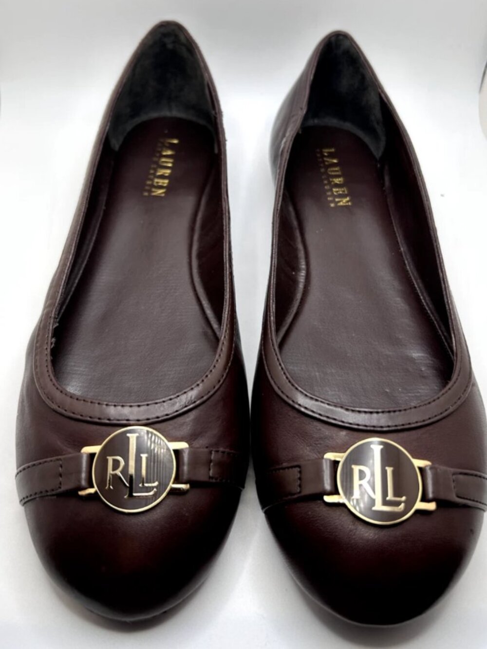 Lauren Ralph Lauren Brown Leather Logo Ballet Flats with Gold Accents